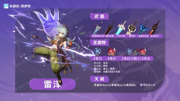 原神2.6版雷泽武器、圣遗物选择推荐