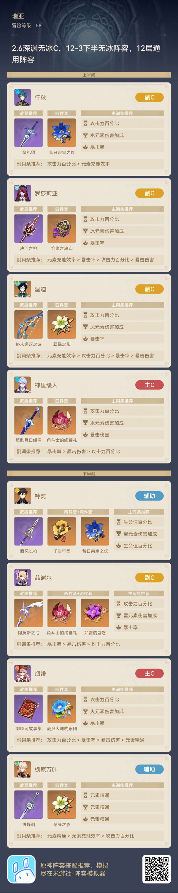 原神2.6版深渊12层满星通用阵容推荐