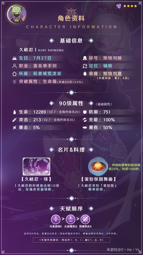 原神2.7版久岐忍培养全攻略 久岐忍出装与配队推荐